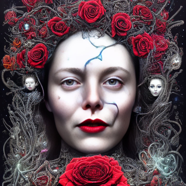 Woman with Red Lips and Blue Lightning Bolt Surrounded by Red Roses and Miniature Faces