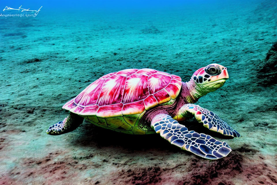 Colorful Sea Turtle Swimming over Sandy Ocean Floor