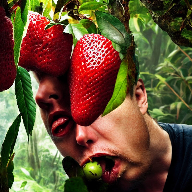 Person with Strawberry Eyes in Lush Forest Setting with Green Fruit in Mouth