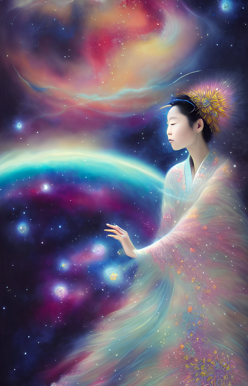 Traditional Attire Figure Holding Glowing Orb in Cosmic Setting