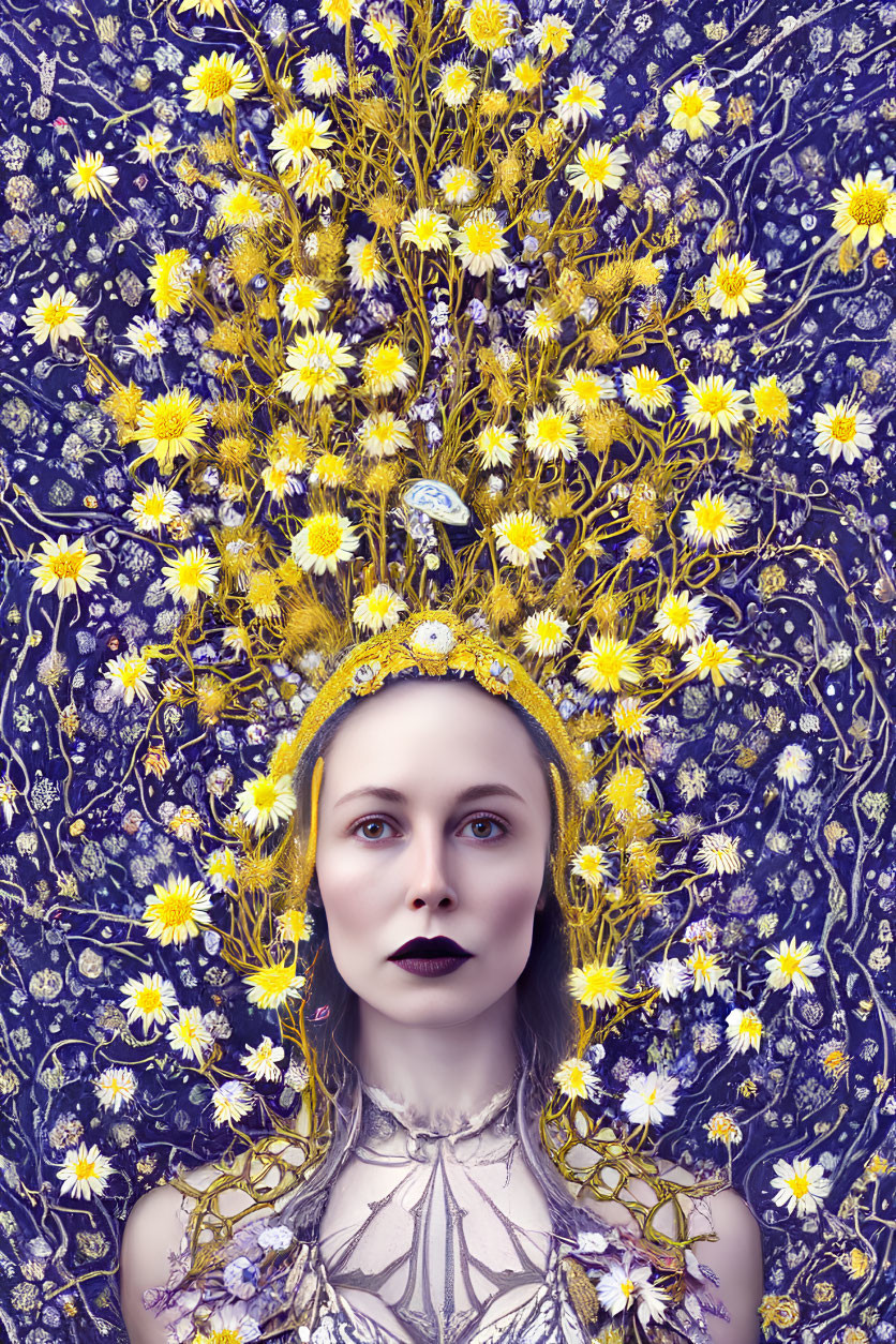 Woman in flowery headdress on mystical floral backdrop in yellows and whites