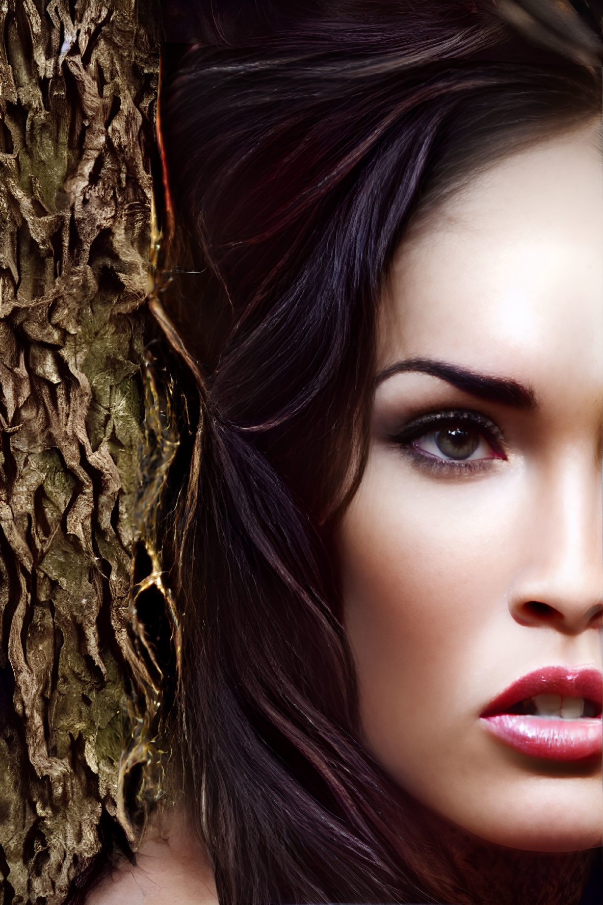 Close-Up Woman's Face with Focused Eyes and Prominent Makeup Near Tree Bark