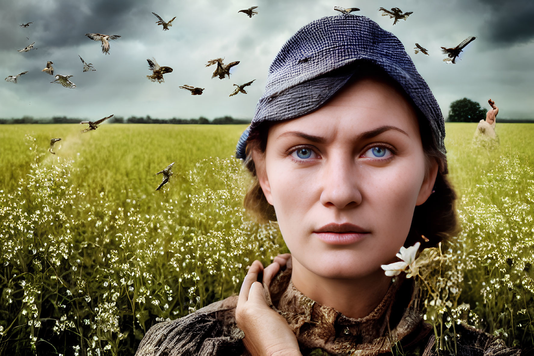 Woman with blue eyes in cap in flower field with birds and person under cloudy sky
