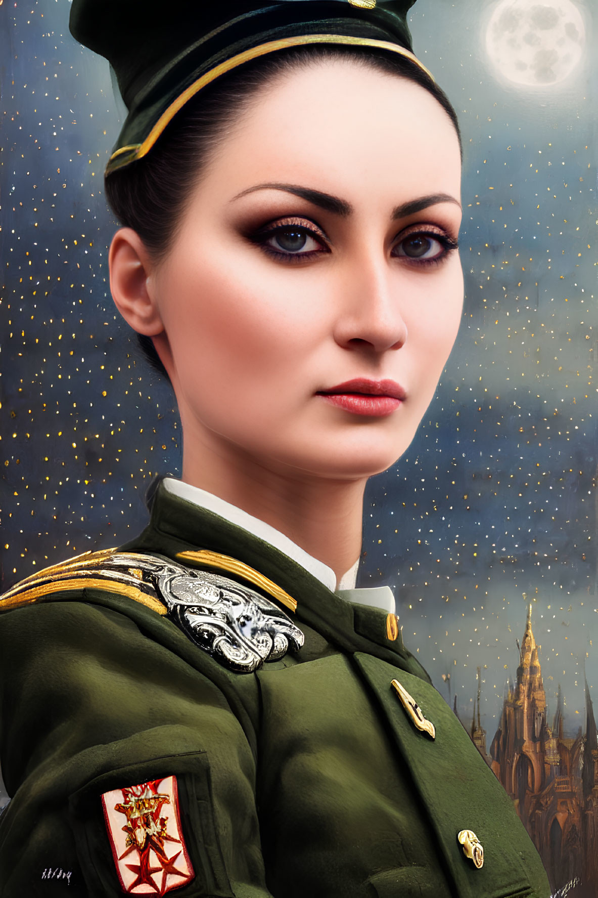 Decorated military woman in uniform with intense gaze, moonlit gothic cathedral background