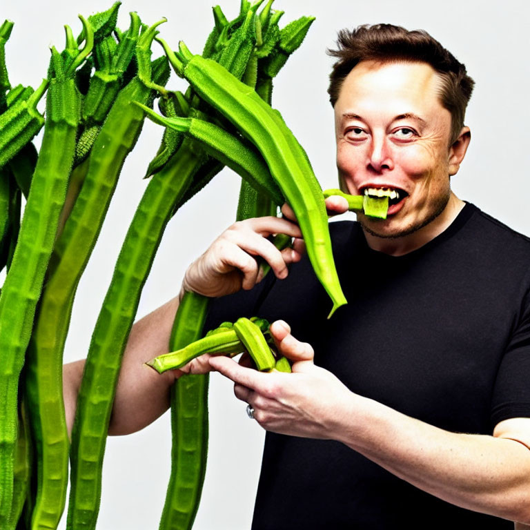 Person biting okra with stalks on white background