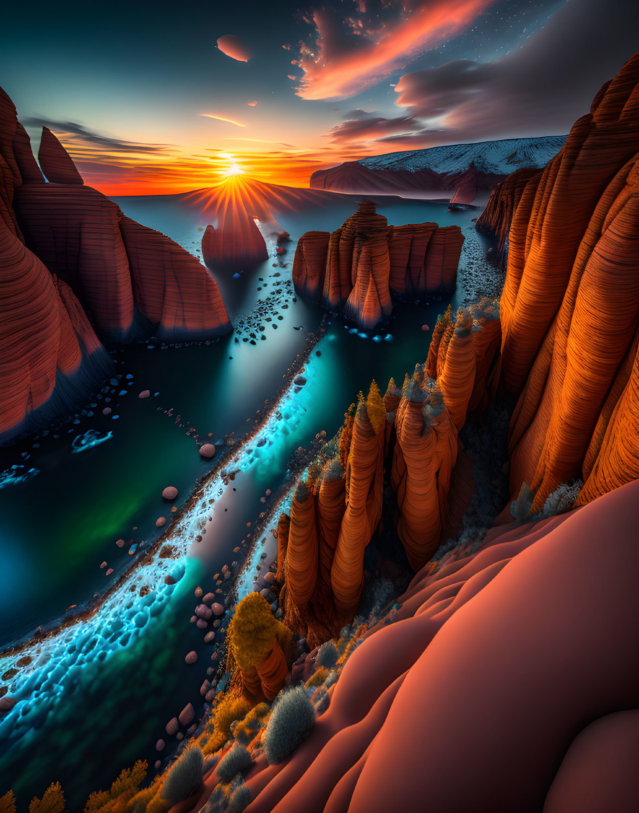 Vibrant sunset over fantastical landscape with rock formations and blue waterway