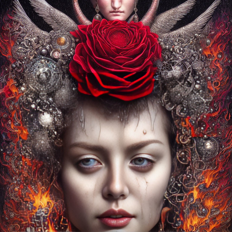 Detailed Artwork: Pale-faced figure with red rose crown, surrounded by ornate feathers, gears,