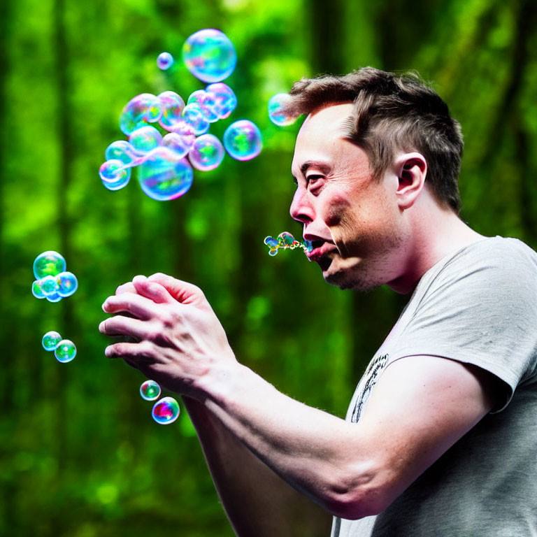 Person blowing soap bubbles in lush outdoor environment