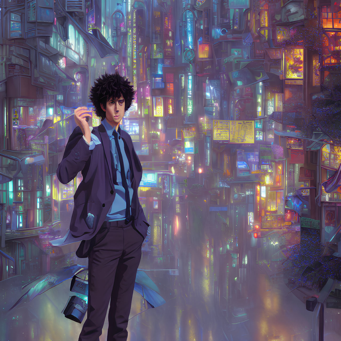 Black-haired person in neon-lit futuristic cityscape with glowing sphere
