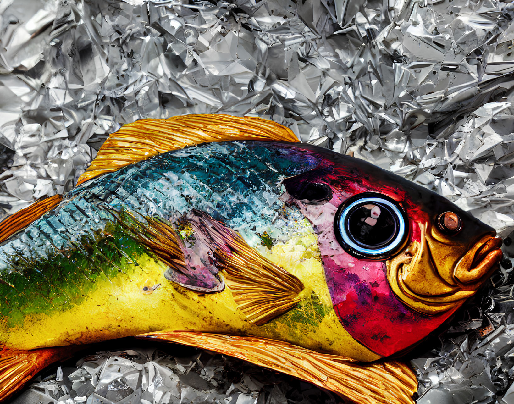 Colorful ceramic fish on crumpled silver foil: Contrasting textures and shimmering reflections