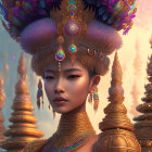 Detailed illustration of person with ornate headdress and clothing in gold and purple hues against stylized towers