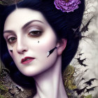 Portrait of Woman with Pale Skin, Dark Hair, Purple Flowers, Branches, and Butterflies