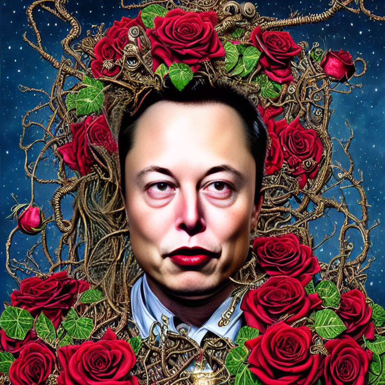 Stylized portrait of man with red lips, roses, and golden patterns on starry backdrop