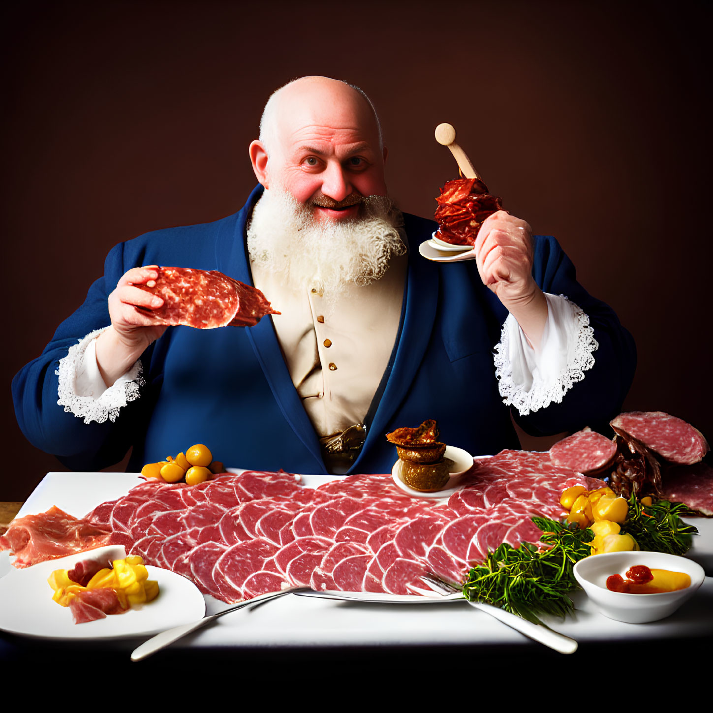 Bearded man in blue jacket with salami slice and assorted meats on dark background