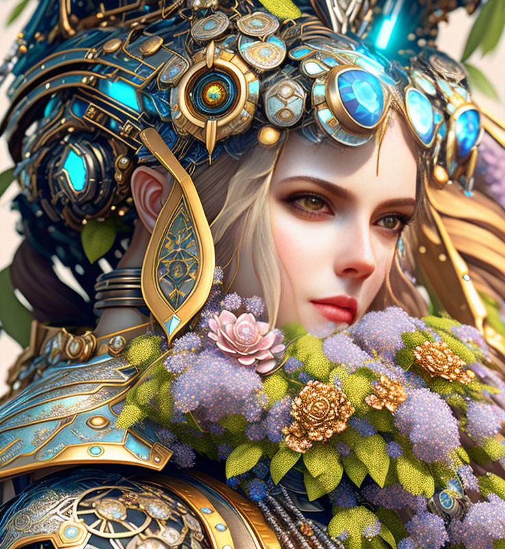 Woman in Gold and Blue Armor with Jewels and Flowers: Digital Artwork