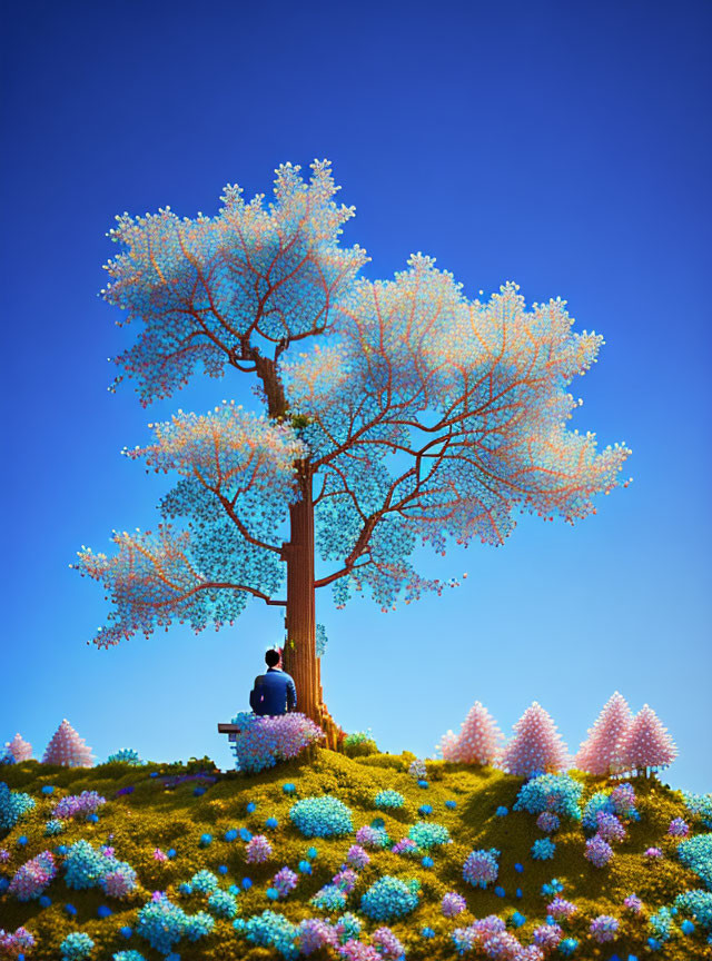 Colorful digital artwork of person under whimsical tree