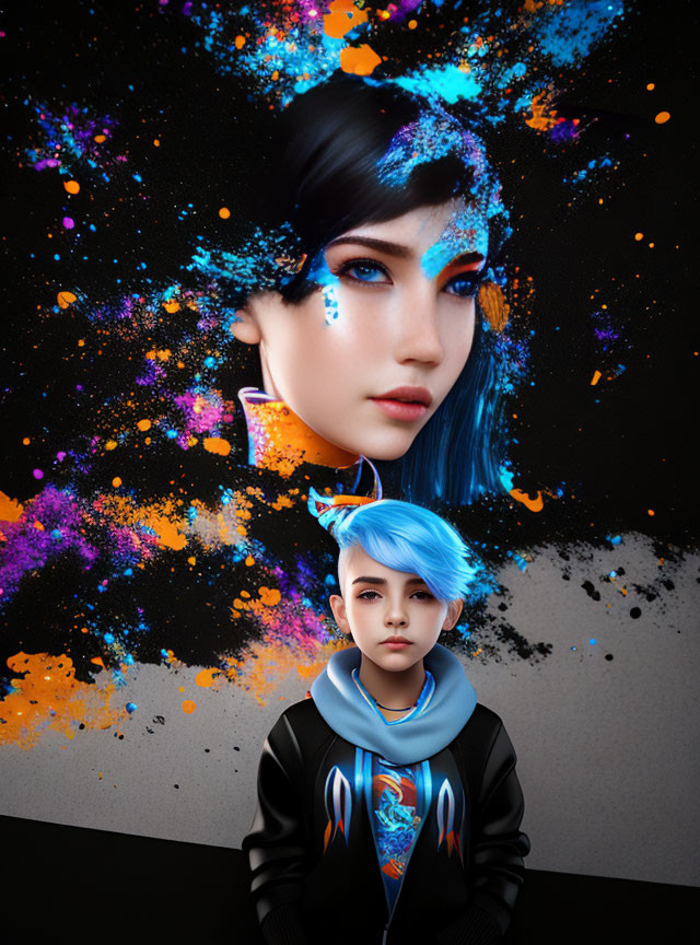 Vivid blue hairstyle and eyes with colorful splatters in digital art