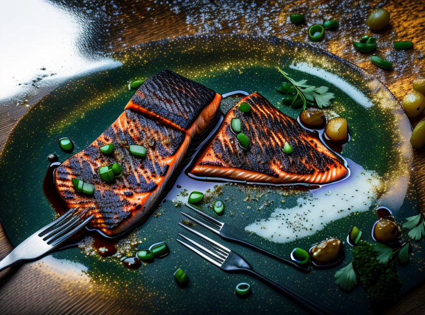Grilled Salmon Fillets with Green Onions and Olives on Dark Plate