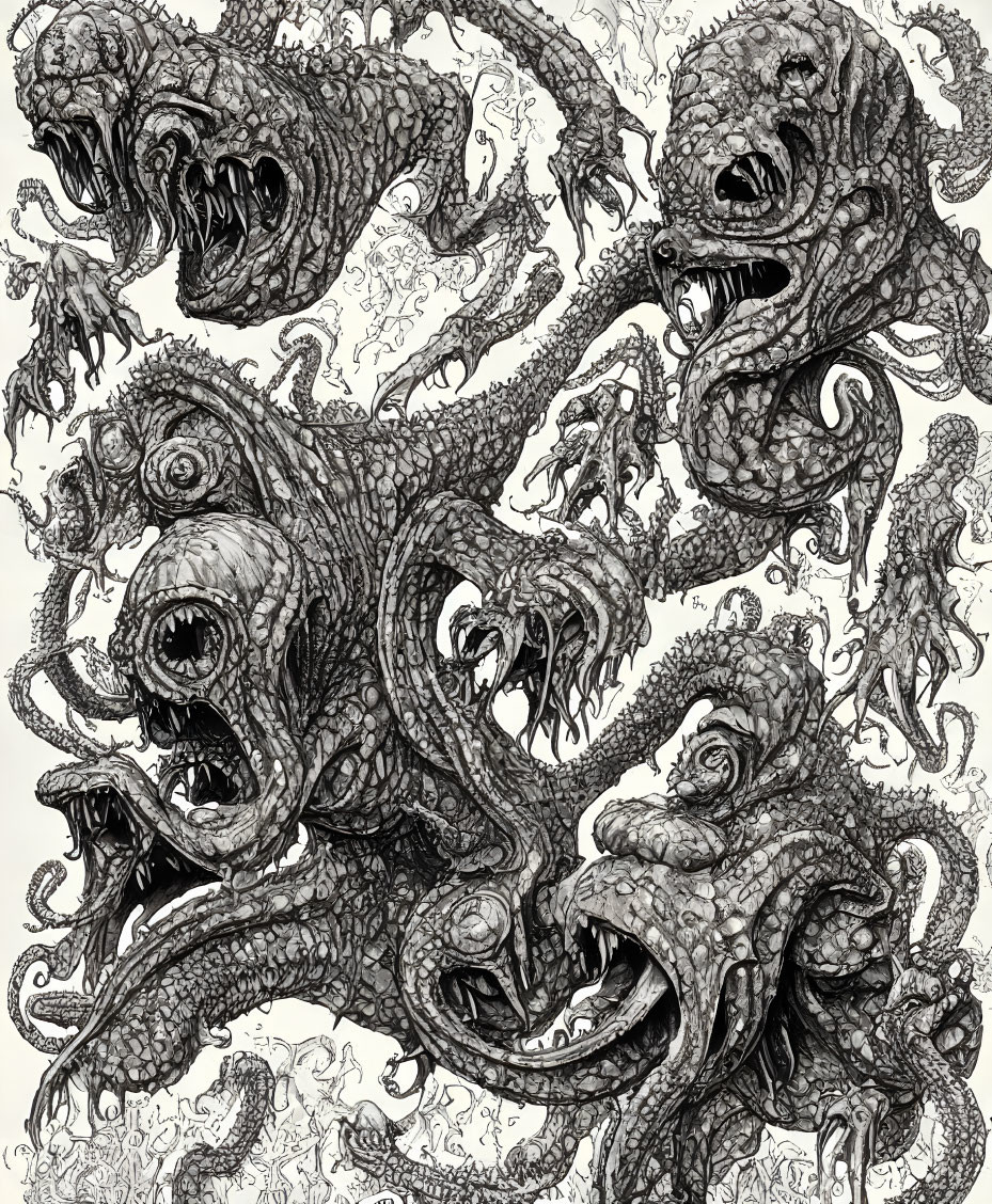 Detailed Black and White Illustration of Intertwined Ferocious Tentacled Creatures