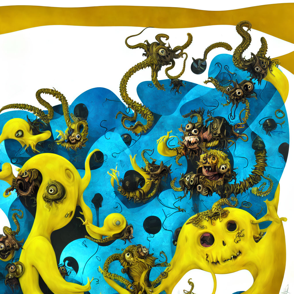 Abstract yellow and blue creatures with multiple eyes and tentacles in dynamic artwork