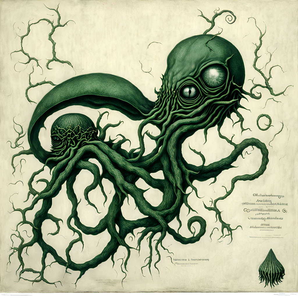 Detailed green-toned Cthulhu-like creature illustration with tendrils and symbols