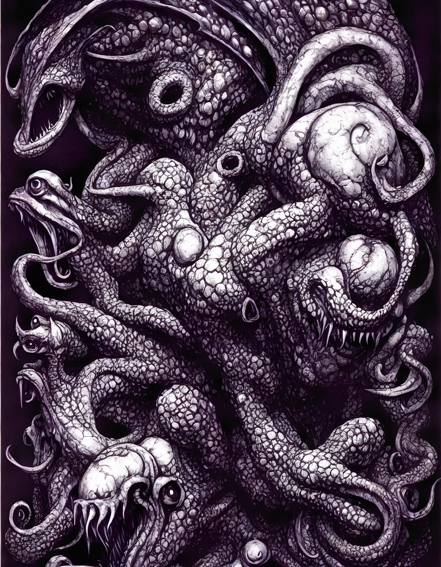 Monochrome illustration of tentacles, eyes, and serpent-like creatures