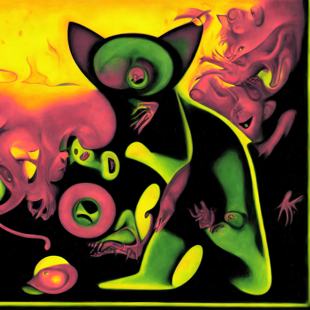Surreal green cat-like creature in abstract fiery setting