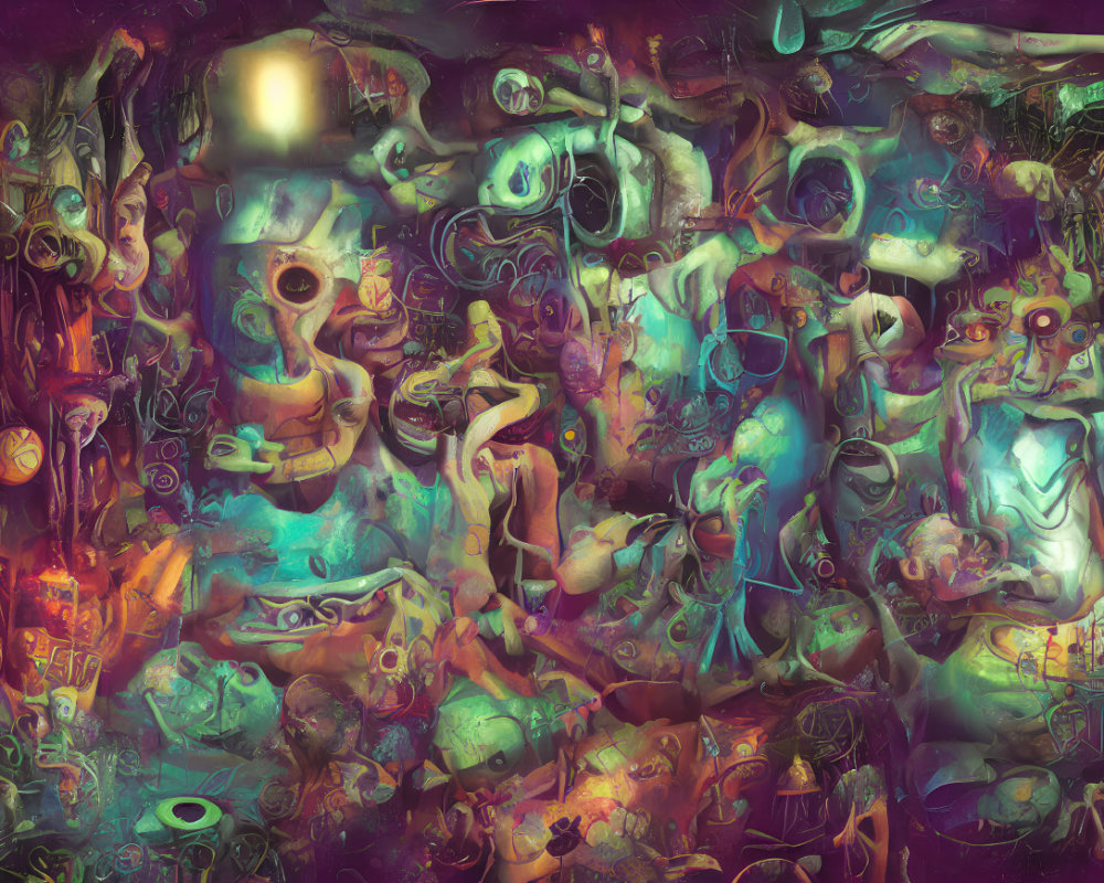 Vibrant abstract digital art with surreal shapes and faces