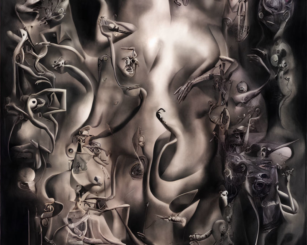 Monochromatic surrealistic artwork with humanoid figure and abstract faces