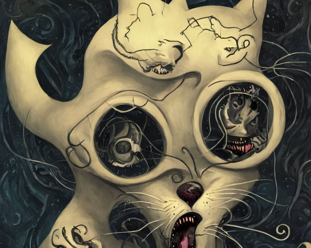Surreal multi-eyed cat with cracked skull revealing another cat in swirling dark background