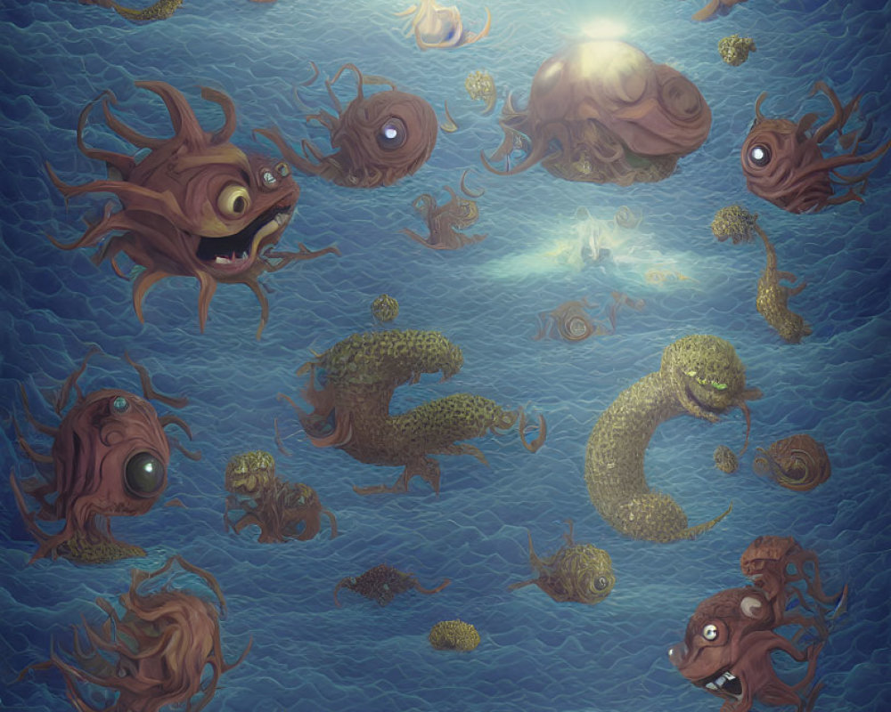 Colorful Cartoon Underwater Scene with Octopuses, Fish, and Sun Rays