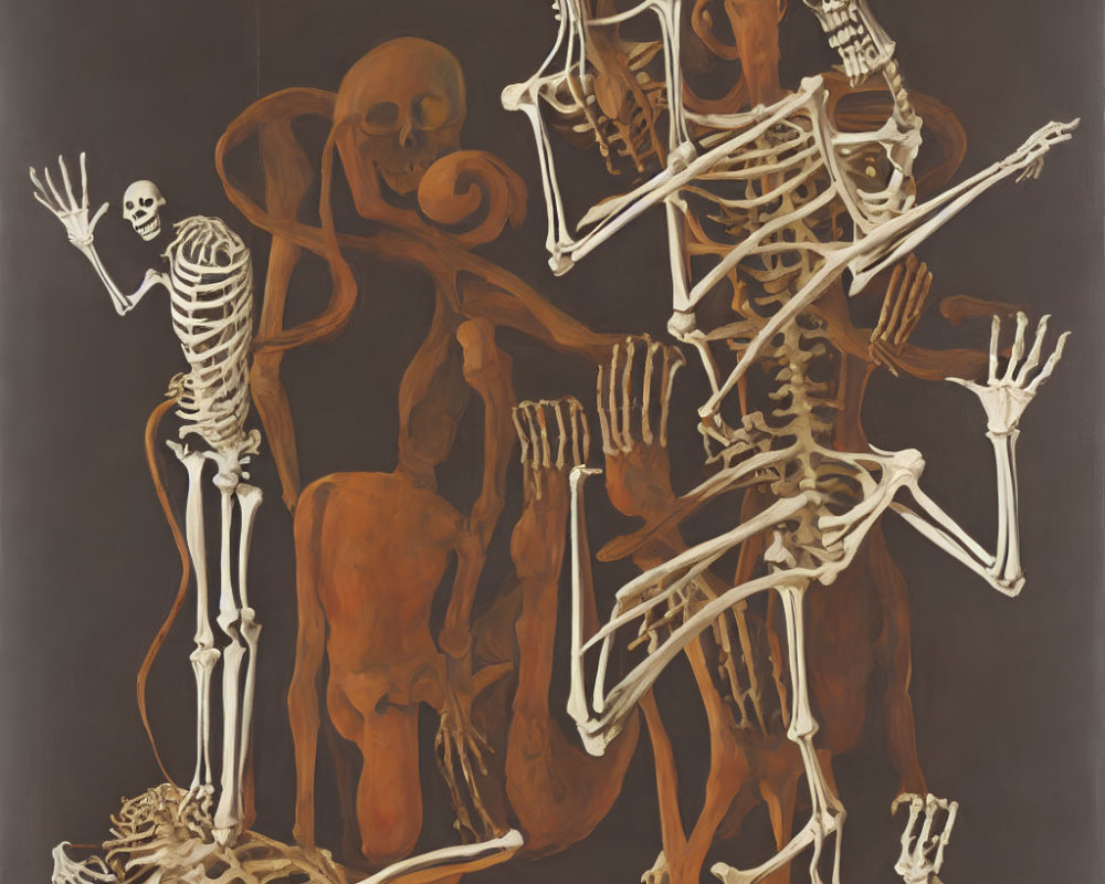Multiple skeletons in various poses with large skull on dark brown backdrop