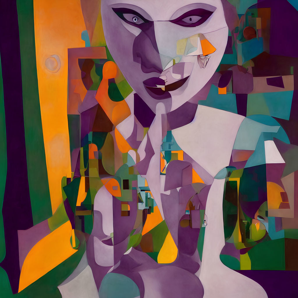 Vibrant abstract painting with fragmented human form and geometric shapes
