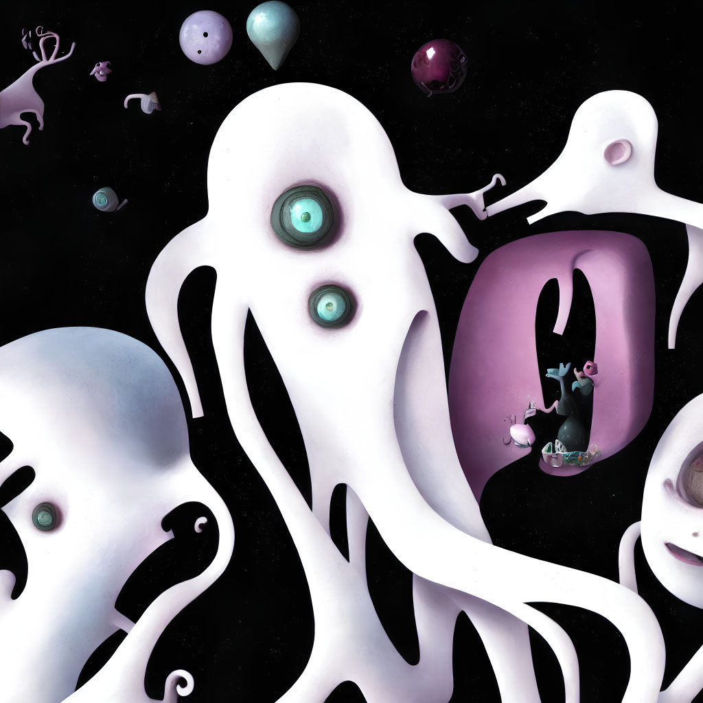 Surreal artwork: Ghostly creatures, tentacles, multiple eyes, cosmic backdrop, floating orbs