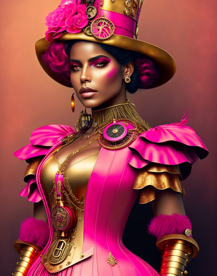 Digital artwork: Woman with pink Victorian steampunk hair & gear accessories