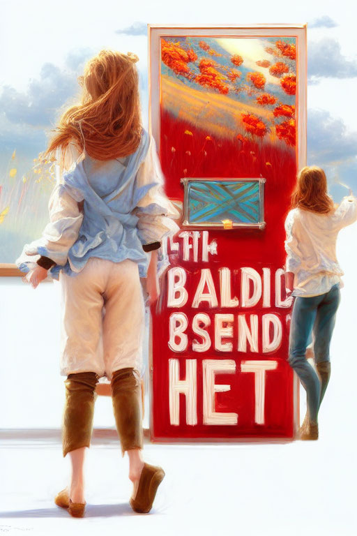 Surreal image: Two figures by red door with "BALDIŞ BENSEN H