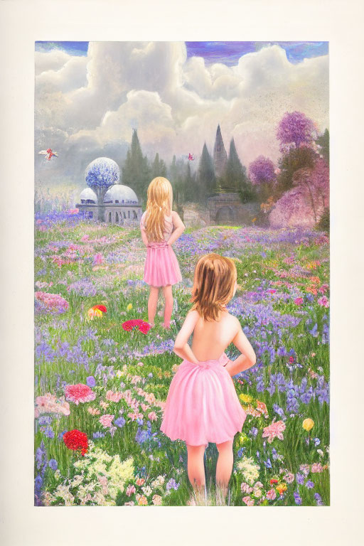 Two girls in pink dresses in a flower field with castle view