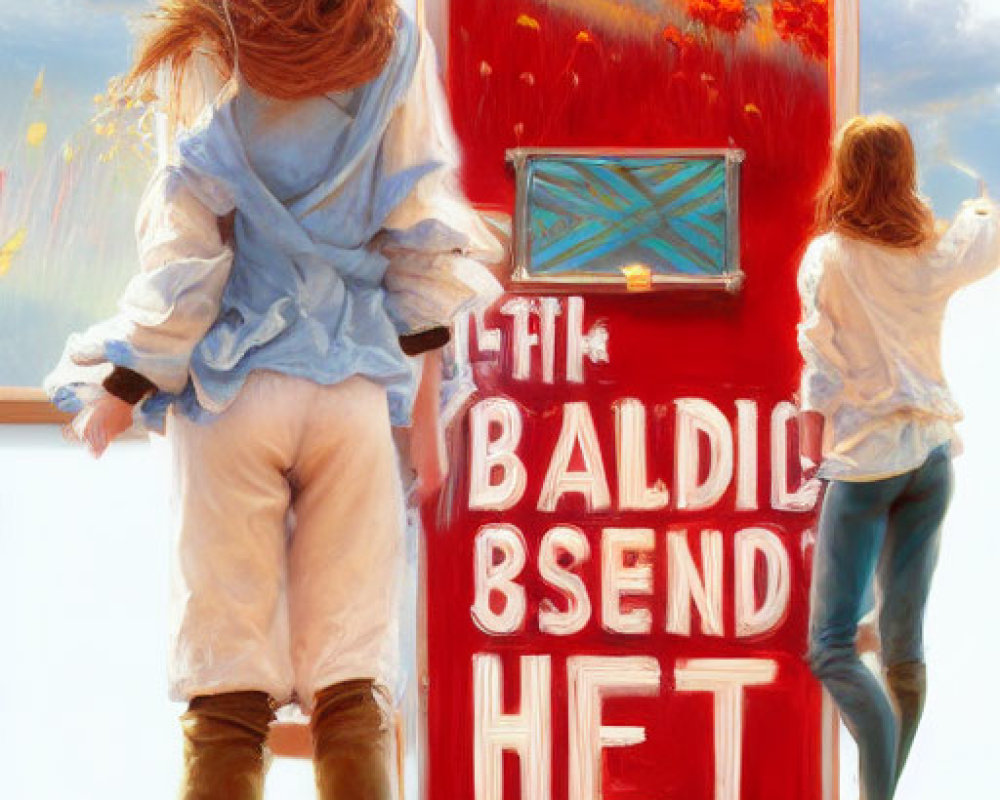 Surreal image: Two figures by red door with "BALDIŞ BENSEN H