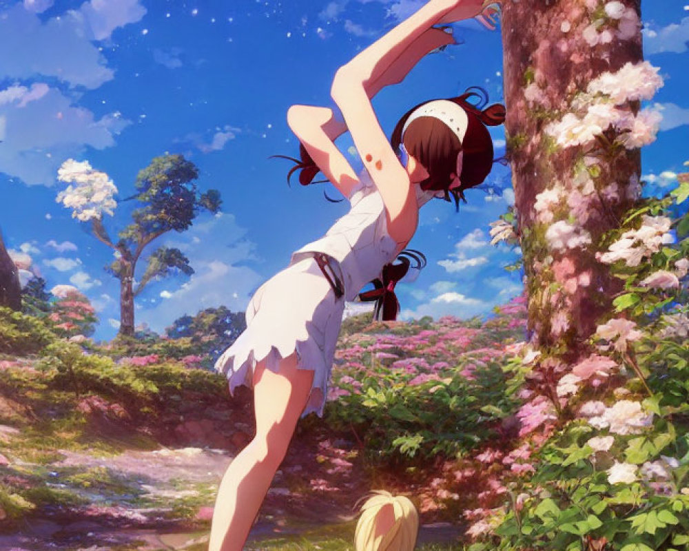 Black-haired animated girl in white dress admires blossoming tree on sunny day.