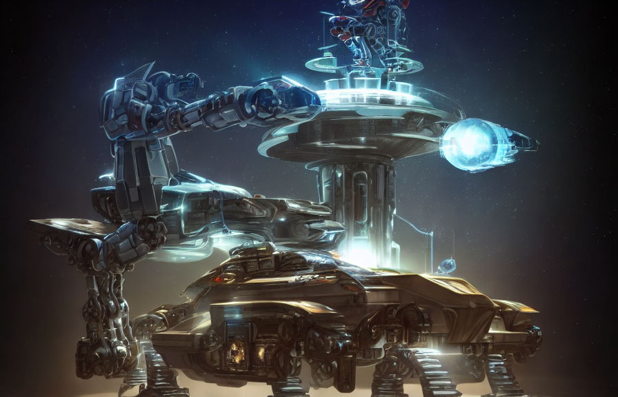Futuristic sci-fi scene with large mech, sleek tank, glowing tower & starry sky