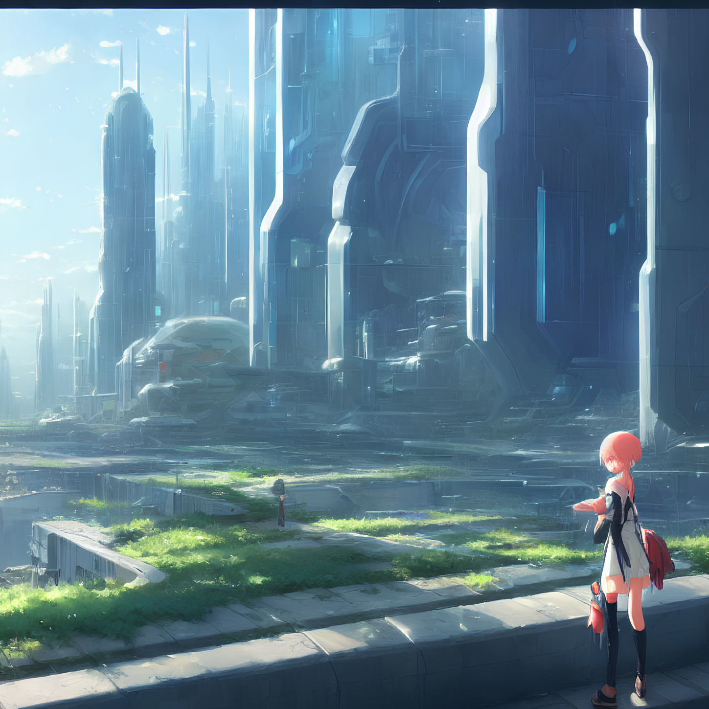 Red-haired person with backpack gazes at futuristic cityscape