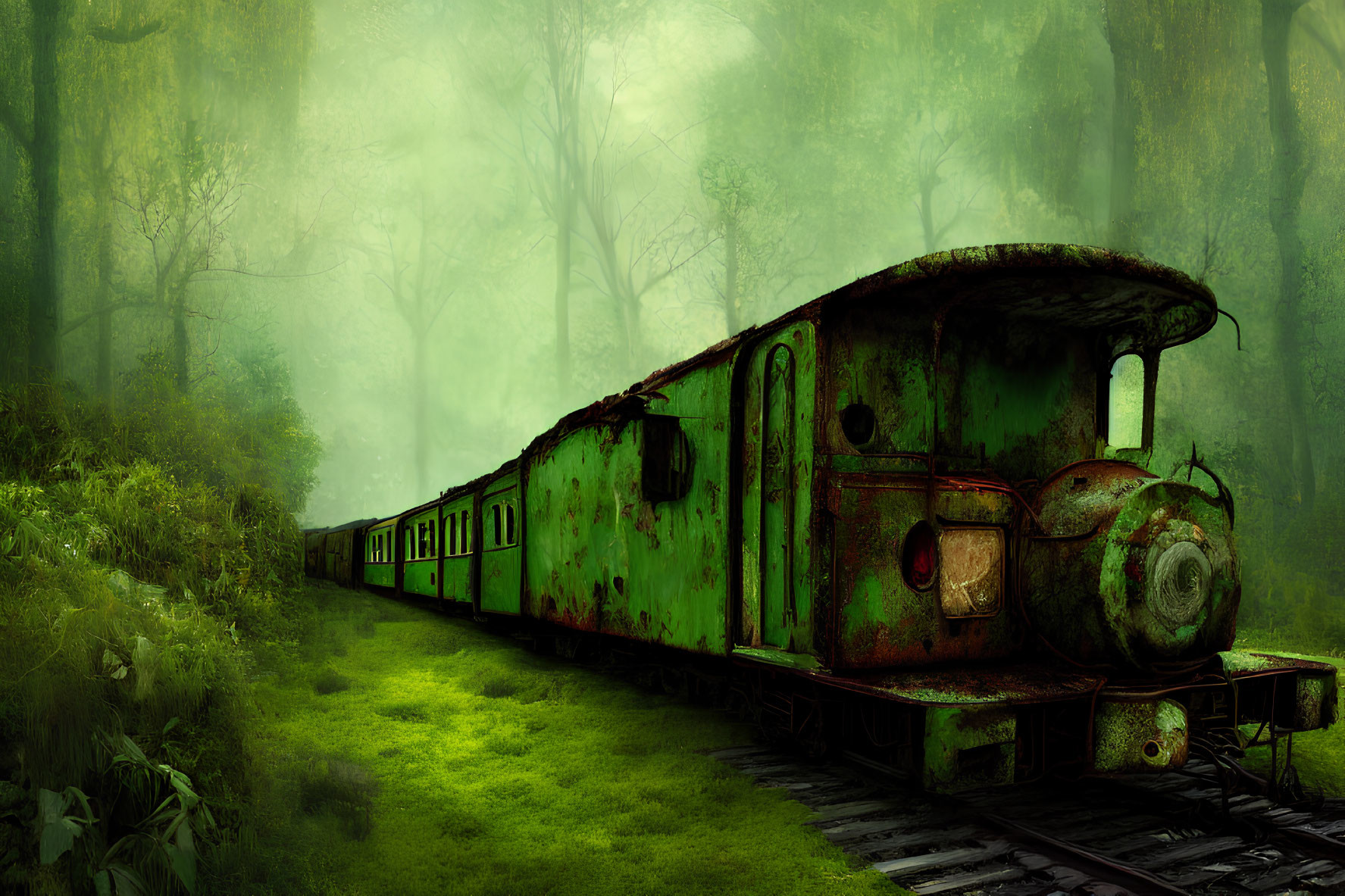 Abandoned moss-covered train in foggy forest