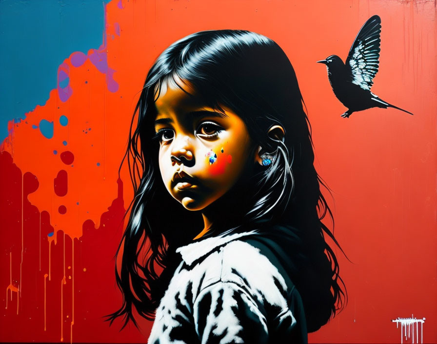 Colorful street art mural of young girl and bird on splattered backdrop