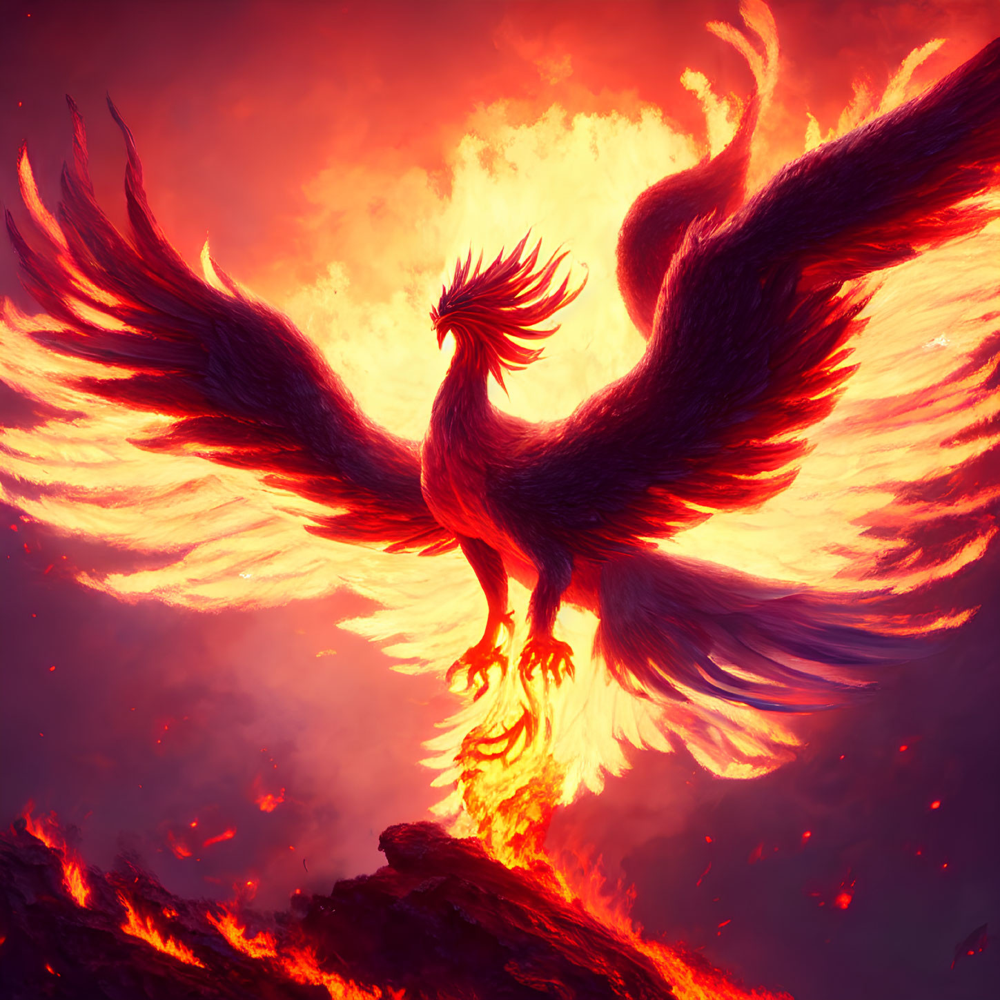 Majestic phoenix with fiery wings soaring over smoldering terrain