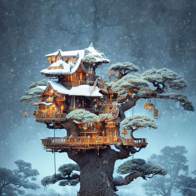 Snow-covered wooden treehouse at twilight