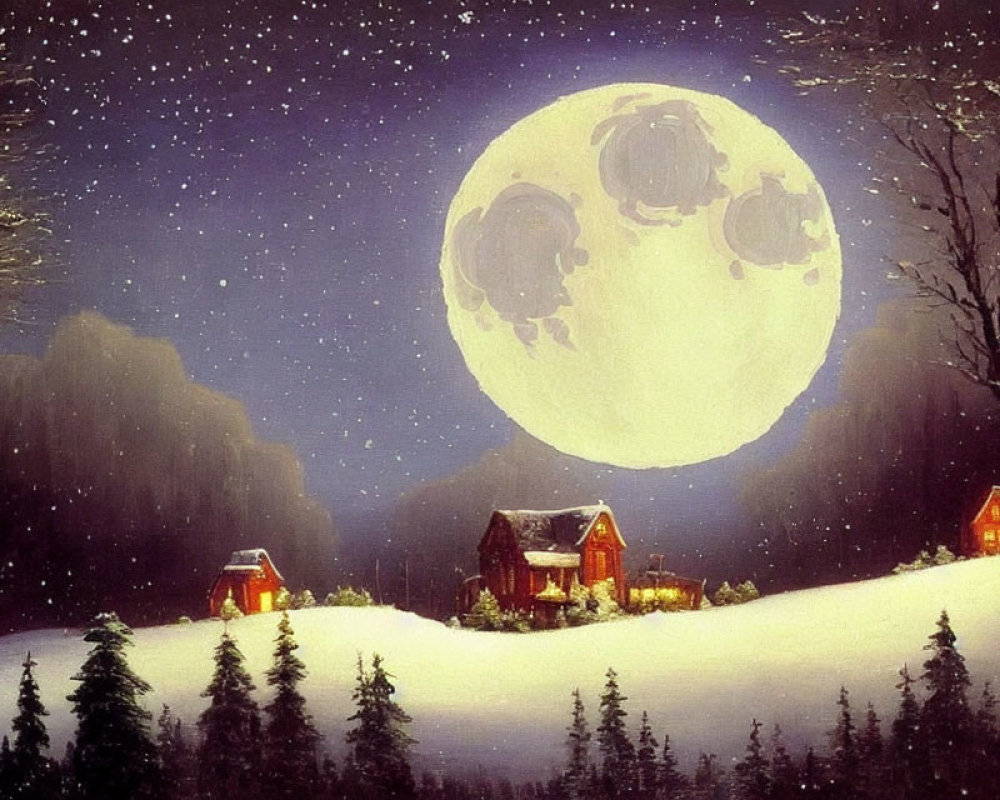 Winter landscape with full moon, snow-covered grounds, cozy houses, and silhouetted trees.