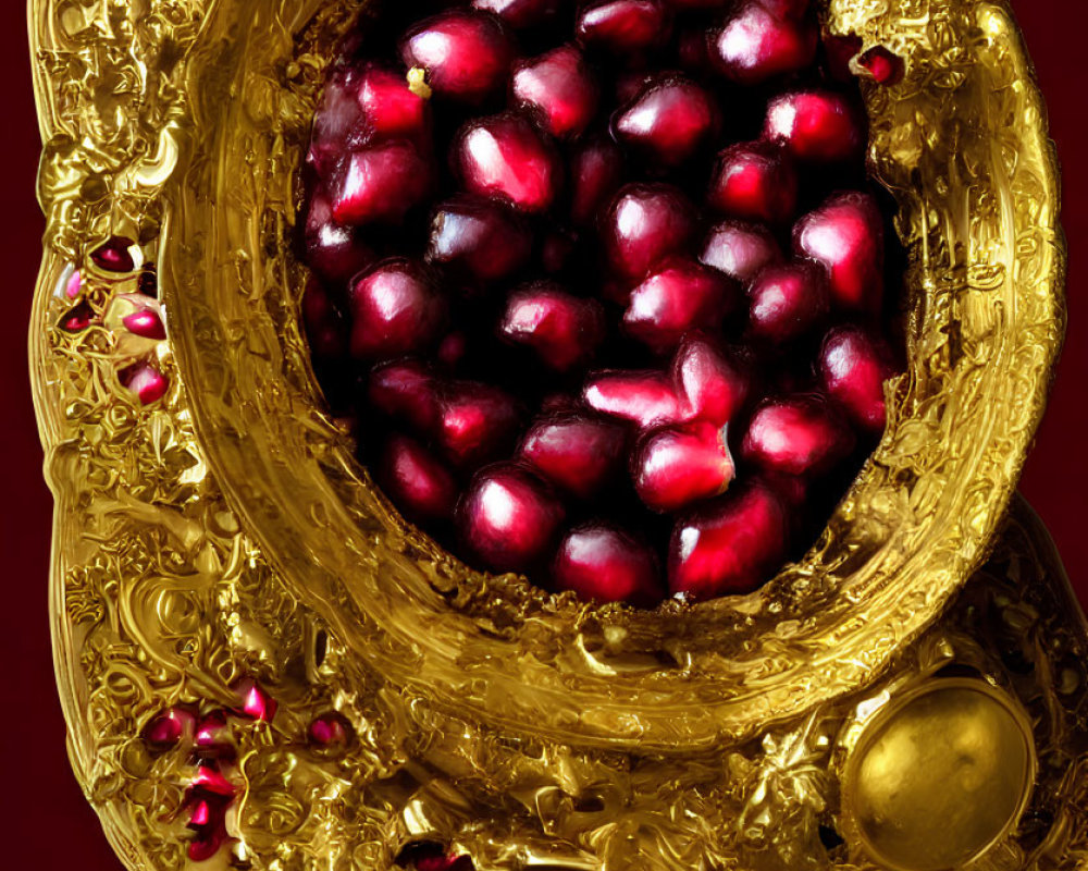 Detailed golden ornate bowl with overflowing red pomegranate seeds on deep red background
