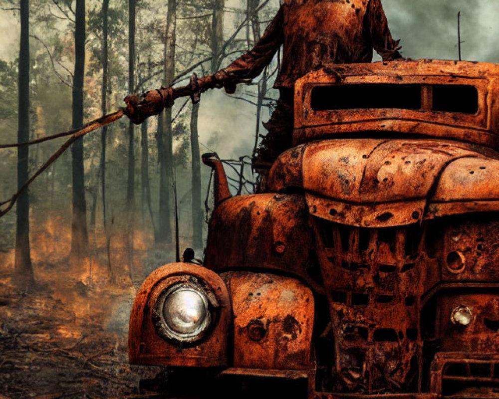 Rusty robot on tractor in burnt forest landscape