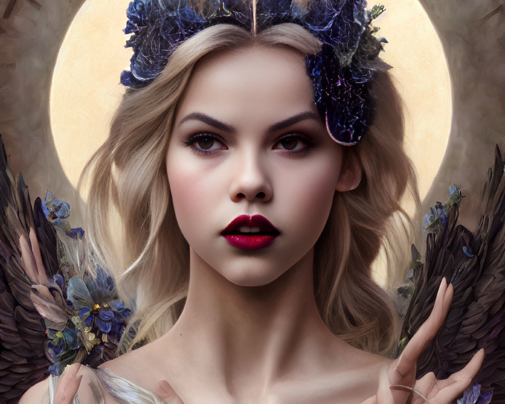 Portrait of a woman with angelic halo, dark floral crown, feathers, red lips, and intense