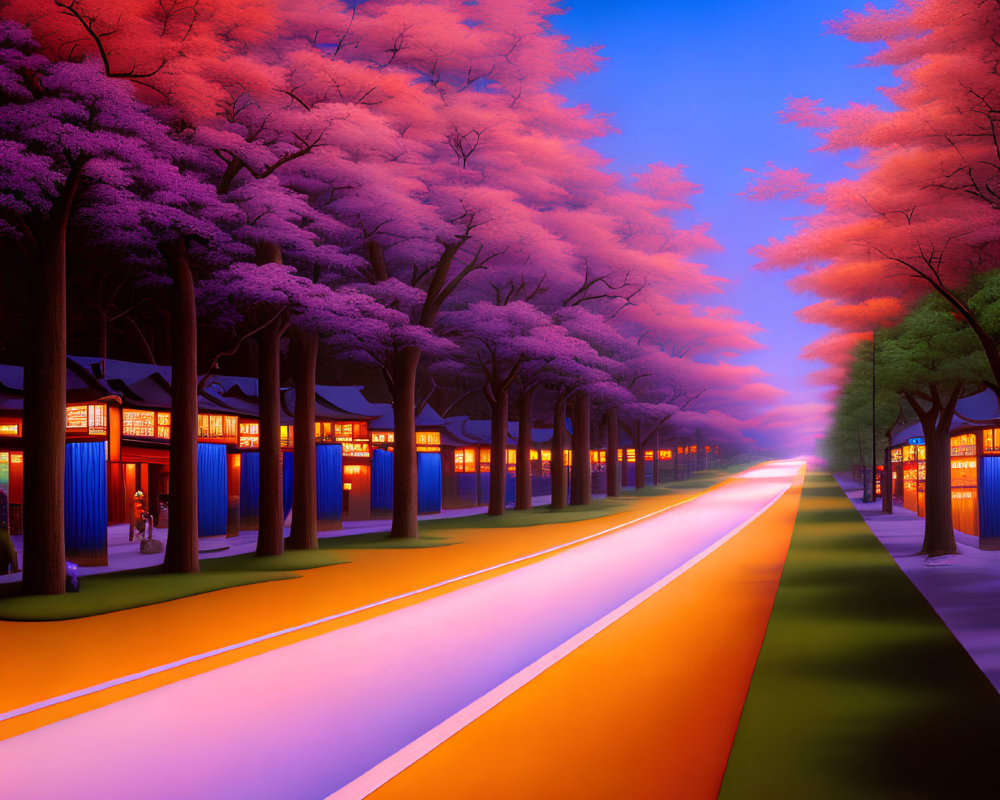 Vibrant illustration of tree-lined street at dusk with purple foliage